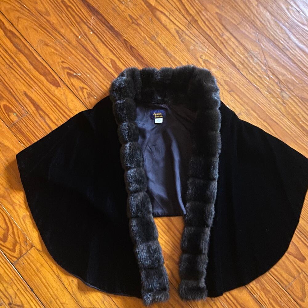 Vintage Black Faux Fur Lined Velvet Cape- Elegant Evening Wrap